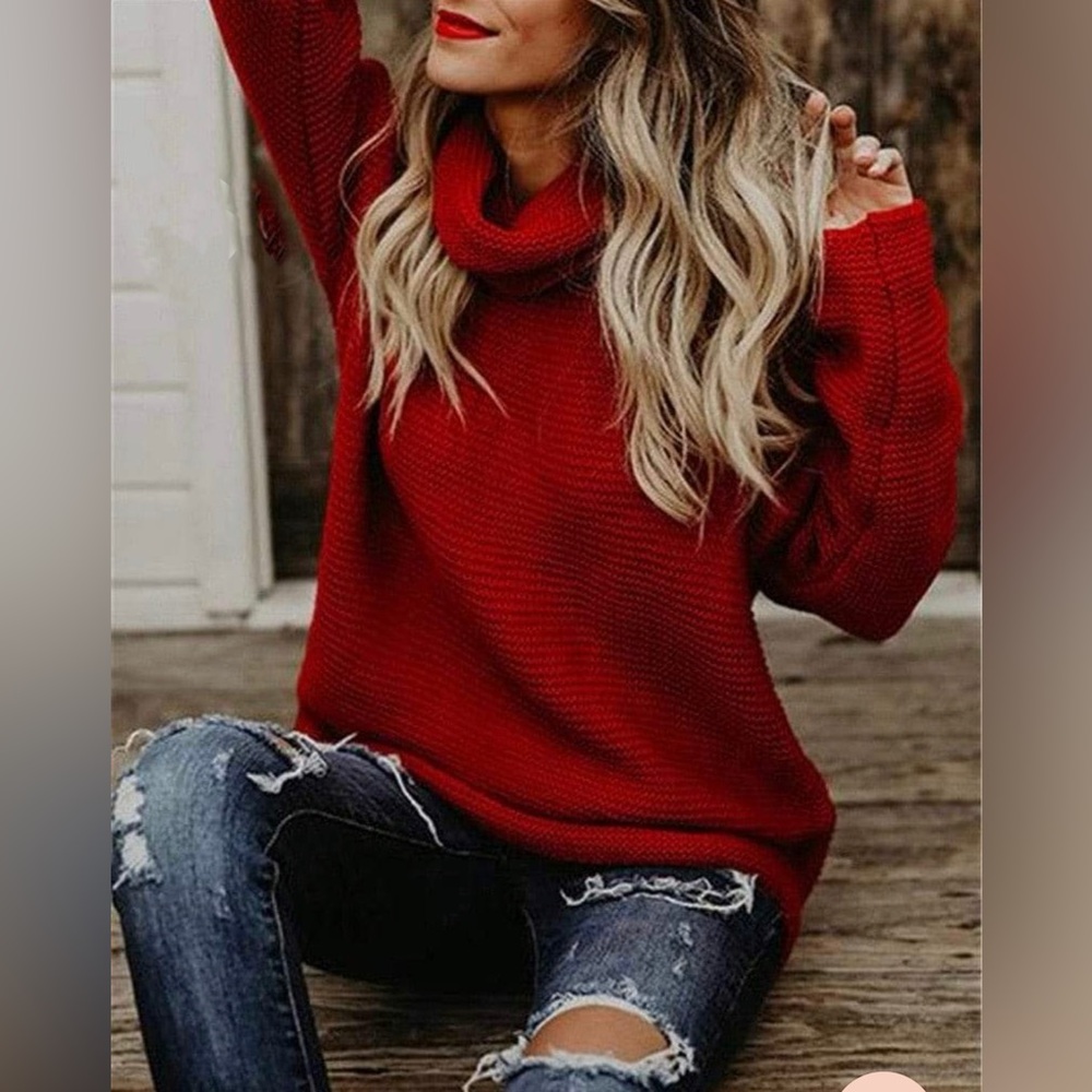 Knit Turtleneck Pullover Sweater M Red